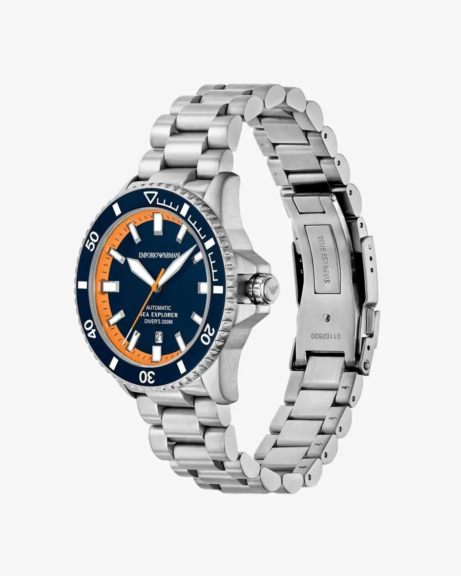 Relógio Empório Armani Sea Explorer Diver Automático Masculino Em Aço Prateado