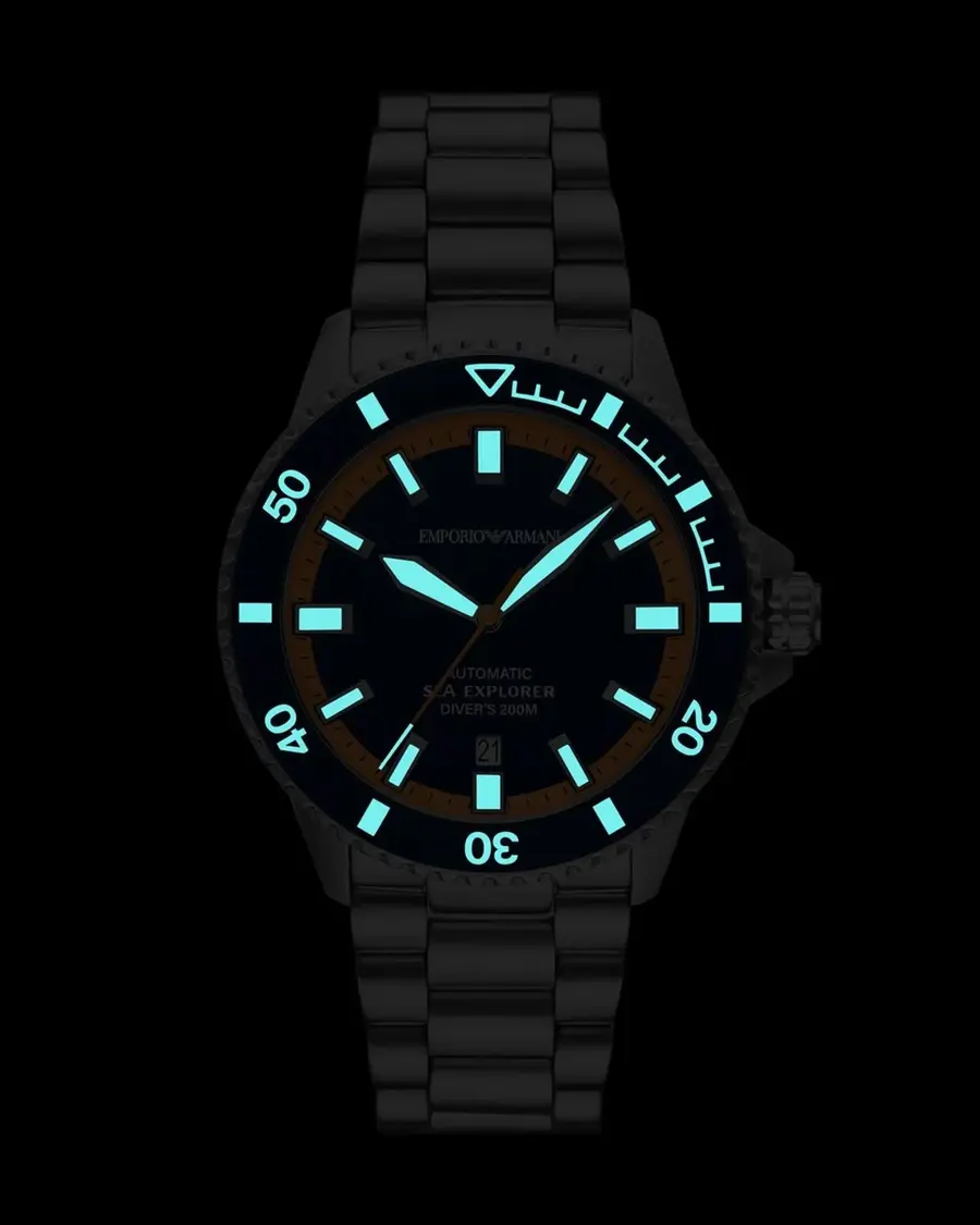 Relógio Empório Armani Sea Explorer Diver Automático Masculino Em Aço Prateado