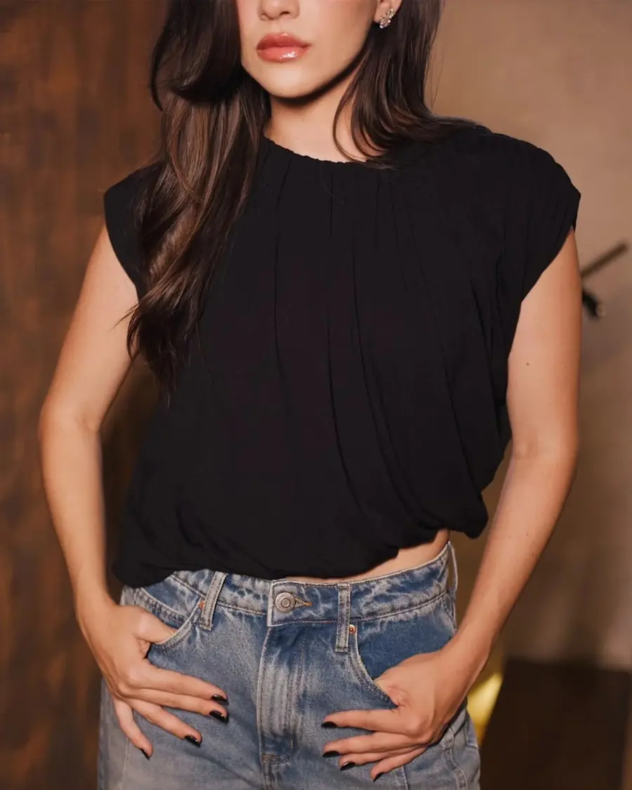 Blusa Blusê Assimétrica Com Detalhes Drapeado Open